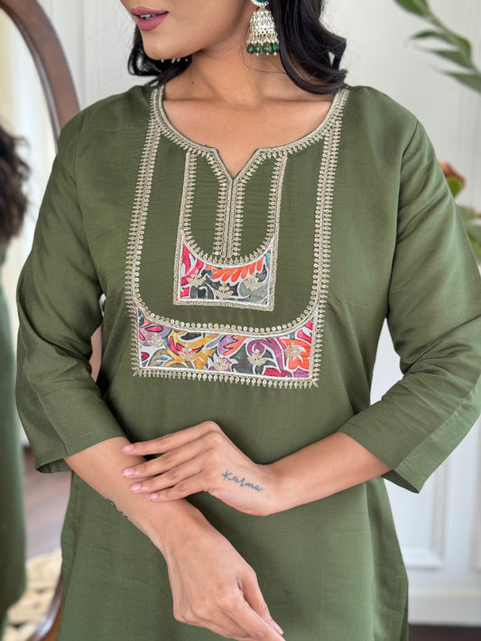 MEHNDI GREEN REGULAR KURTA PANT SET