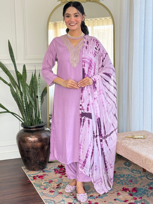 LAVENDER KURTA PANT DUPATTA SET FOR DAILY USE