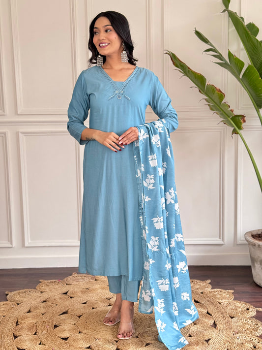 SKY BLUE KURTA PANT DUPATTA SET FOR WORK