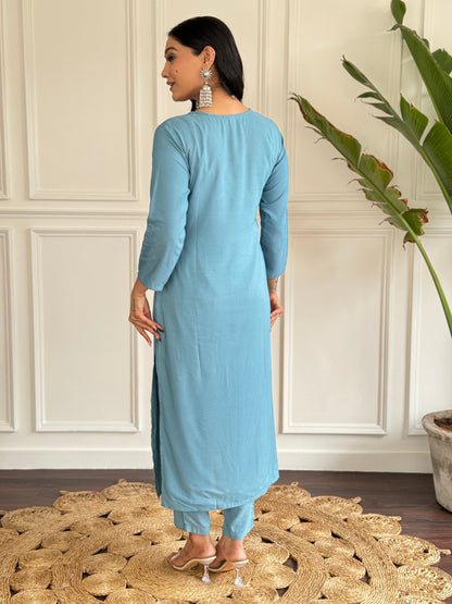 SKY BLUE KURTA PANT DUPATTA SET FOR WORK
