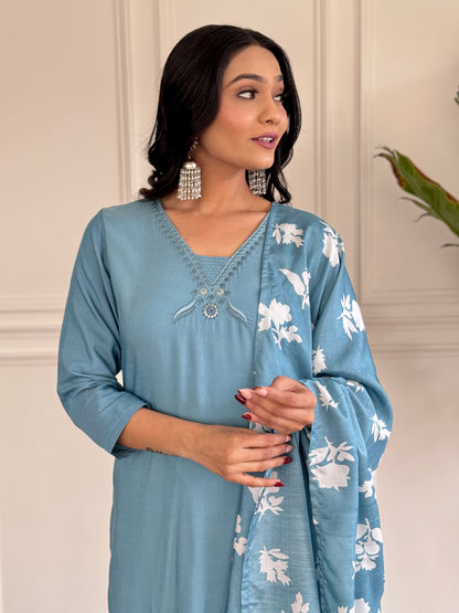 SKY BLUE KURTA PANT DUPATTA SET FOR WORK