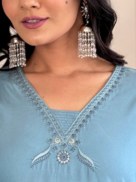 SKY BLUE KURTA PANT DUPATTA SET FOR WORK