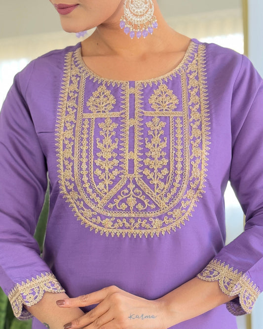 LAVENDER COTTON STRAIGHT KURTA SET WITH DUPATTA AND PANT