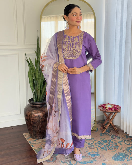 LAVENDER COTTON STRAIGHT KURTA SET WITH DUPATTA AND PANT