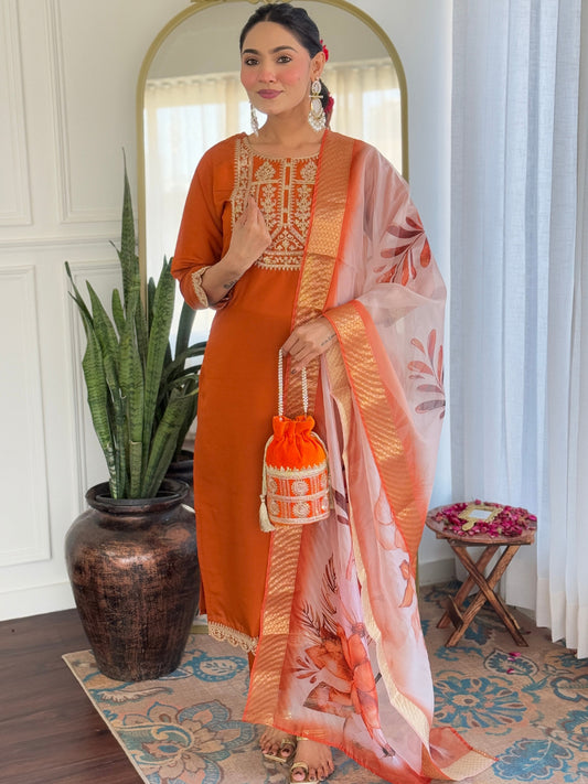 ORANGETHREE-PIECE ETHNIC KURTA SET FOR WOMEN