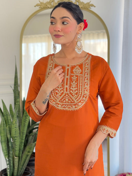 ORANGETHREE-PIECE ETHNIC KURTA SET FOR WOMEN