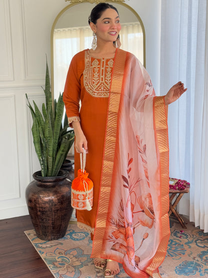 ORANGETHREE-PIECE ETHNIC KURTA SET FOR WOMEN