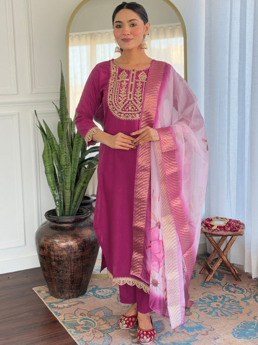 WINE SOLID KURTA SET WITH PANT AND DUPATTA