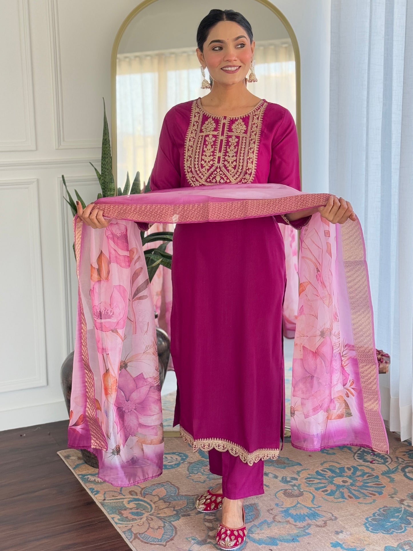 WINE SOLID KURTA SET WITH PANT AND DUPATTA