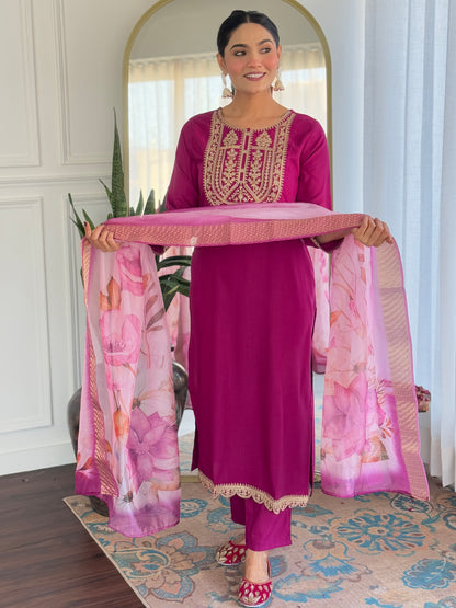 WINE SOLID KURTA SET WITH PANT AND DUPATTA