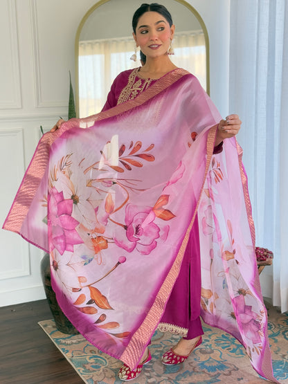 WINE SOLID KURTA SET WITH PANT AND DUPATTA