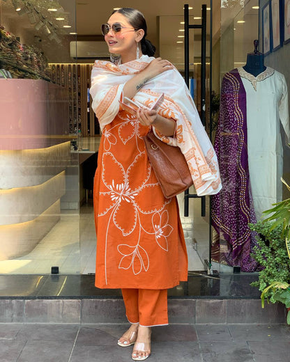 ORANGE ALL-DAY WEAR KURTA PANT DUPATTA SET
