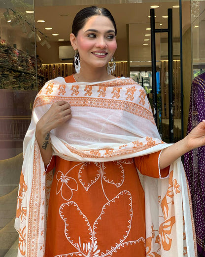 ORANGE ALL-DAY WEAR KURTA PANT DUPATTA SET