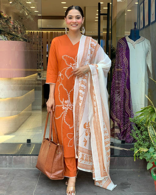 ORANGE ALL-DAY WEAR KURTA PANT DUPATTA SET