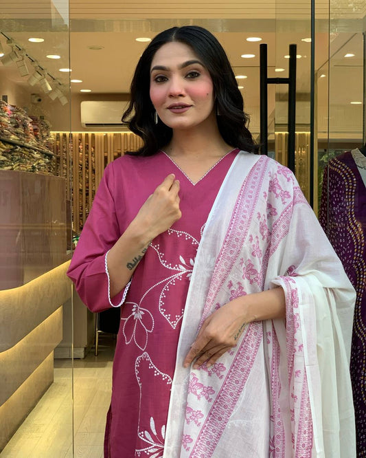 PINK COTTON BLEND KURTA SET FOR WOMEN
