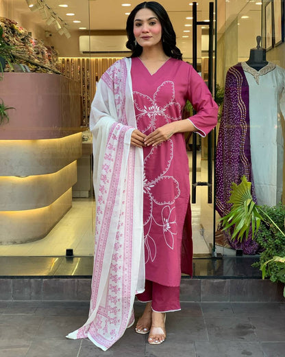 PINK COTTON BLEND KURTA SET FOR WOMEN