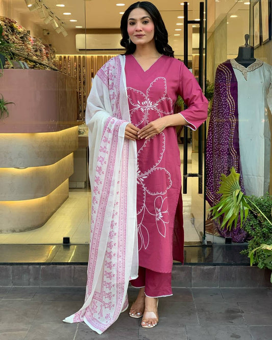PINK COTTON BLEND KURTA SET FOR WOMEN