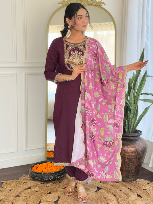 WINE COTTON KURTA SET FOR REGULAR WEAR