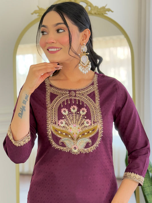 WINE COTTON KURTA SET FOR REGULAR WEAR