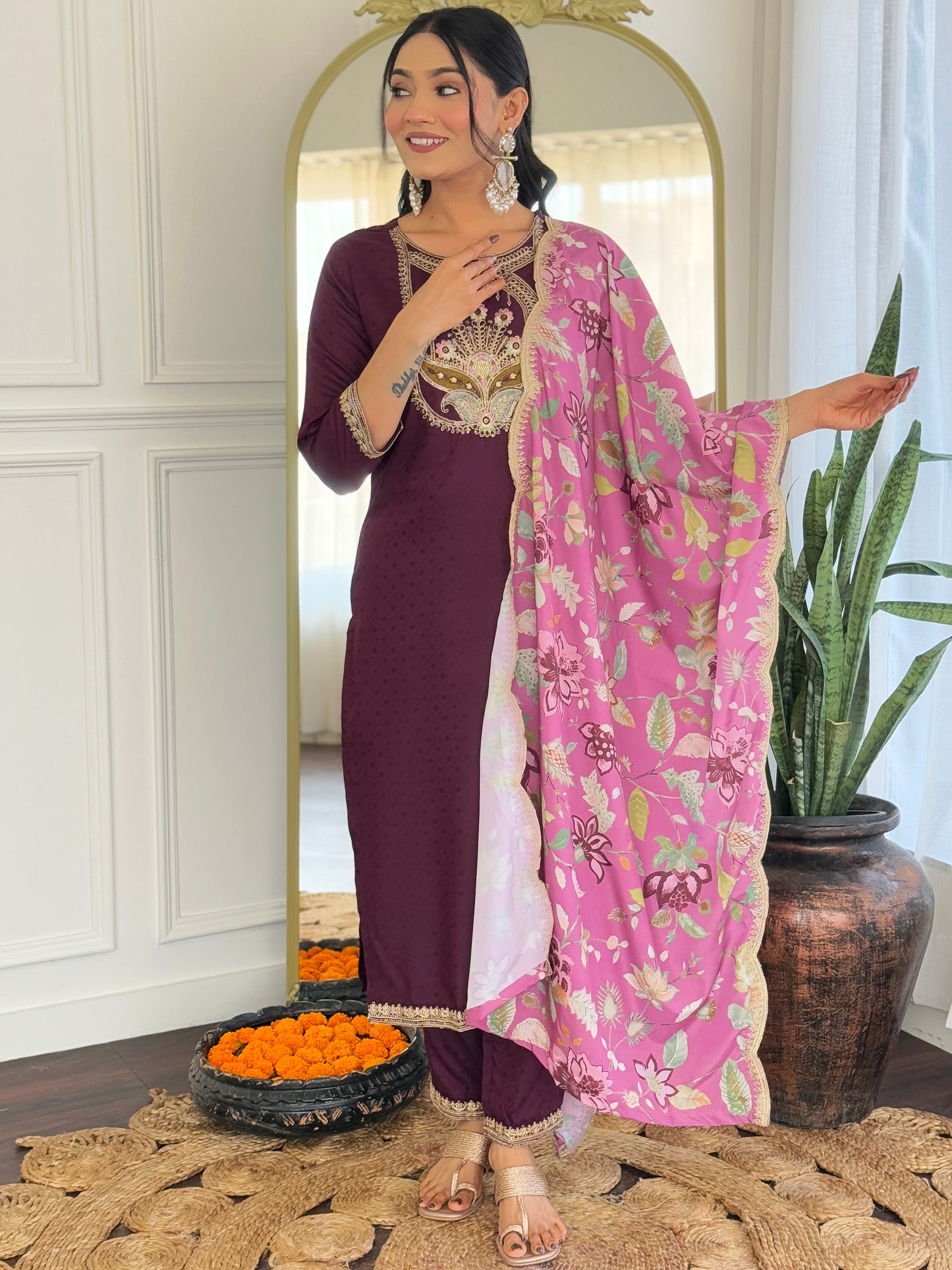 WINE COTTON KURTA SET FOR REGULAR WEAR
