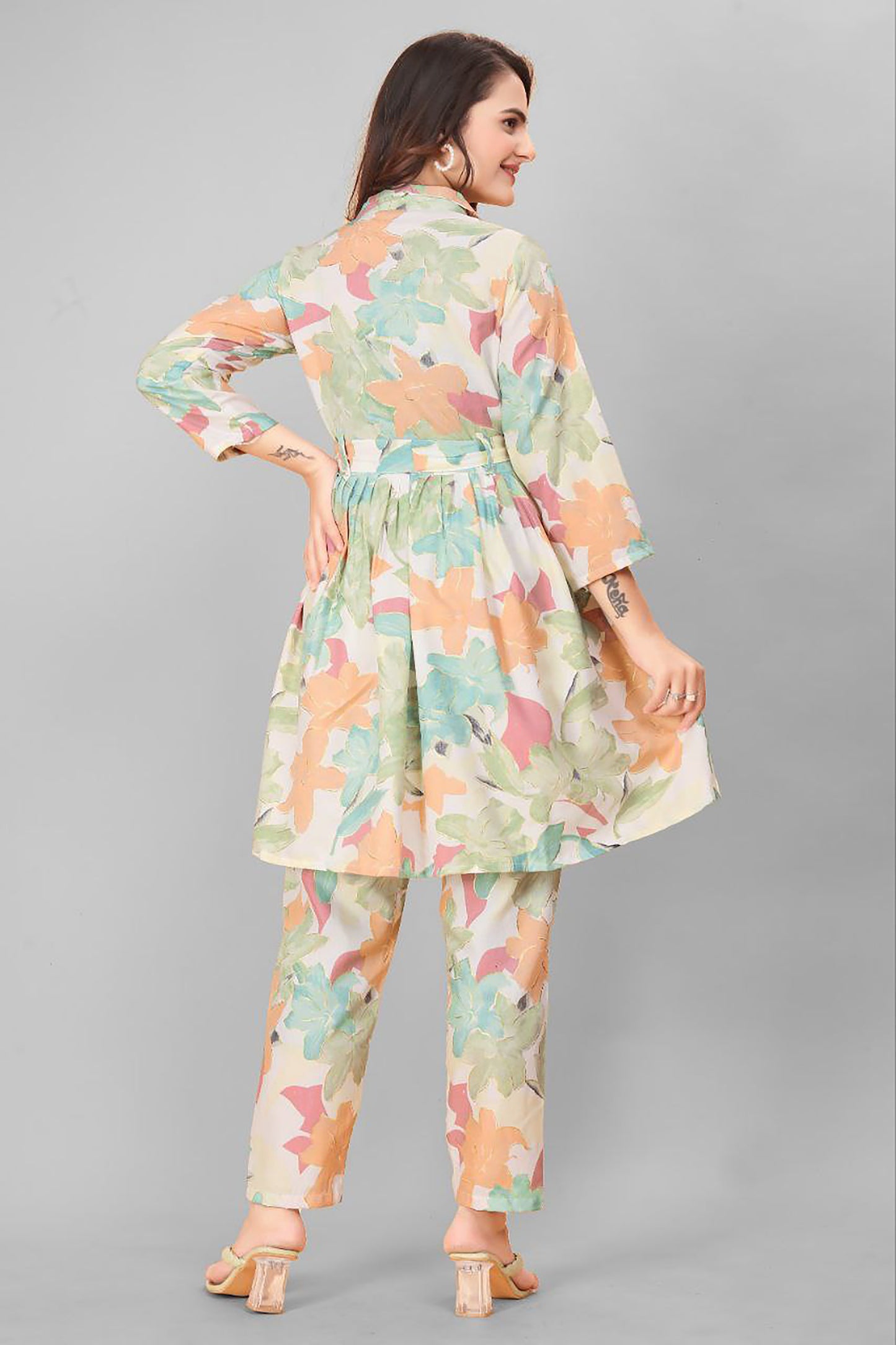 JUNGLE MIST MULTI COLOUR LEAF PRINTED TOP AND PLAZOO CO-ORD SET