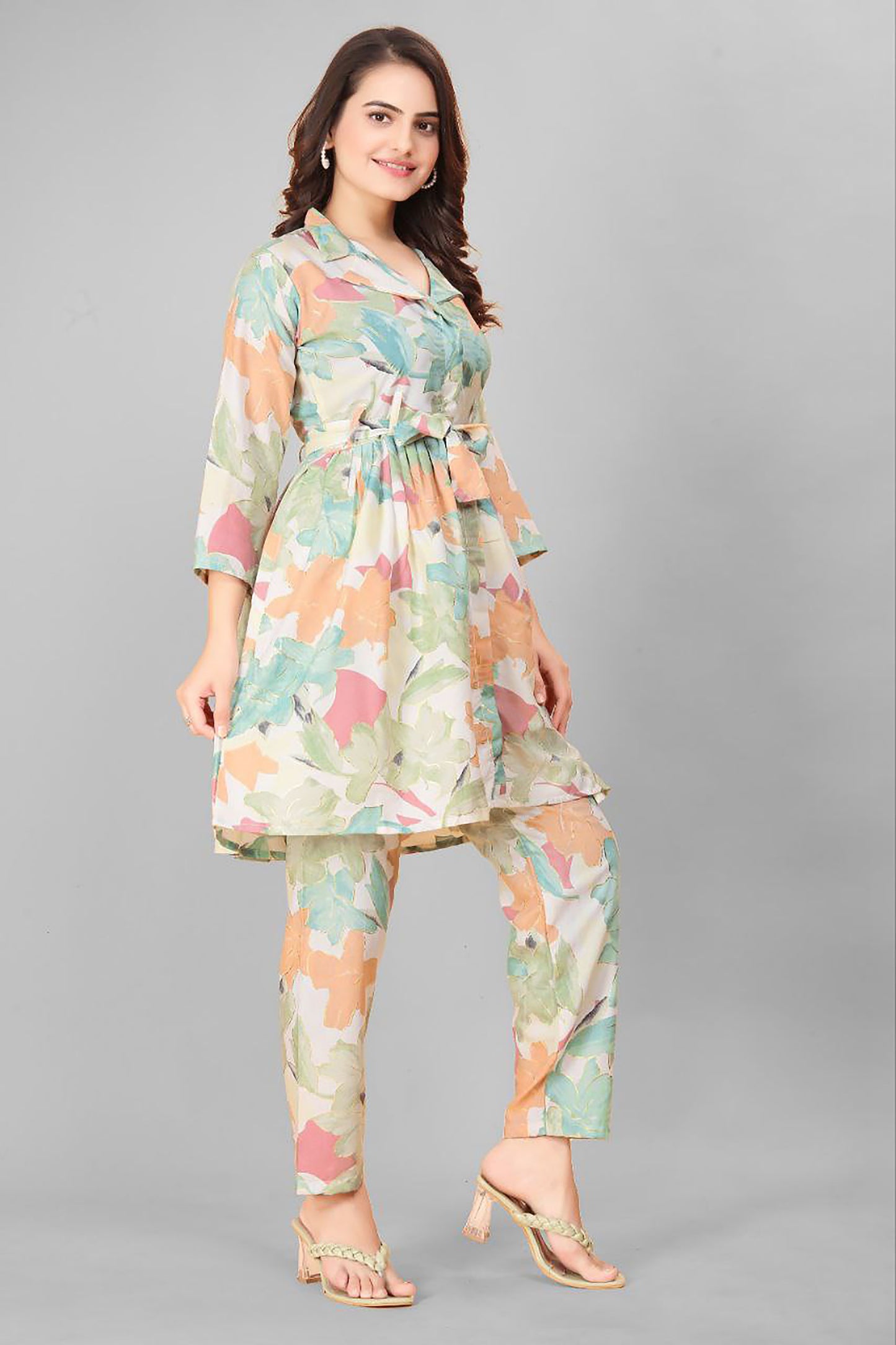 JUNGLE MIST MULTI COLOUR LEAF PRINTED TOP AND PLAZOO CO-ORD SET