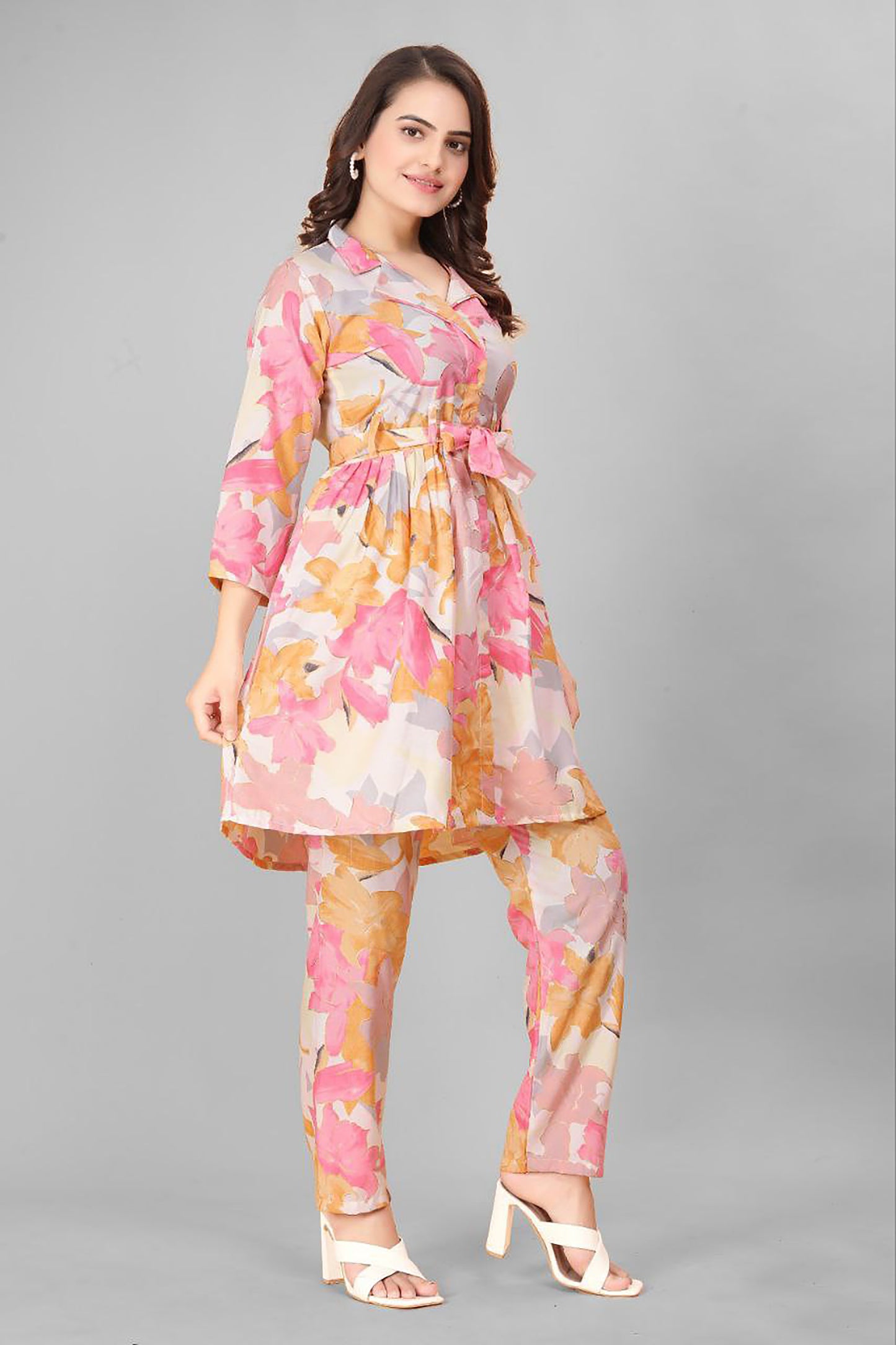 CAVERN PINK MULTI COLOUR LEAF PRINTED TOP AND PLAZOO CO-ORD SET