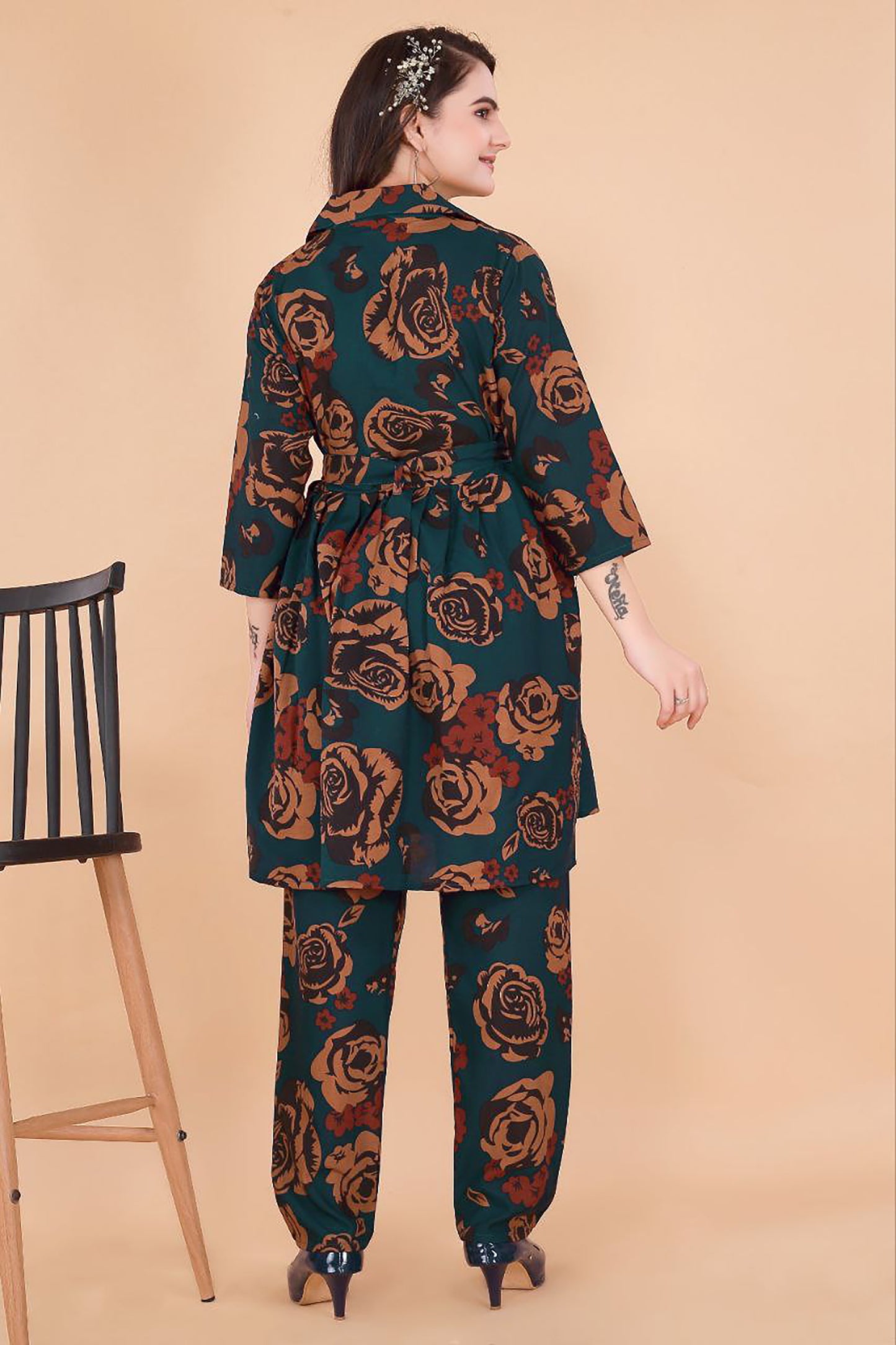 BOTTLE GREEN BROWN FLOWER PRINTED TOP AND PLAZOO CO-ORD SET